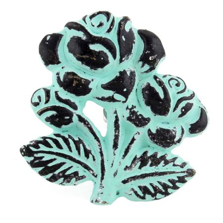 Aqua Rose With Branch Distressed Iron Dresser Knob